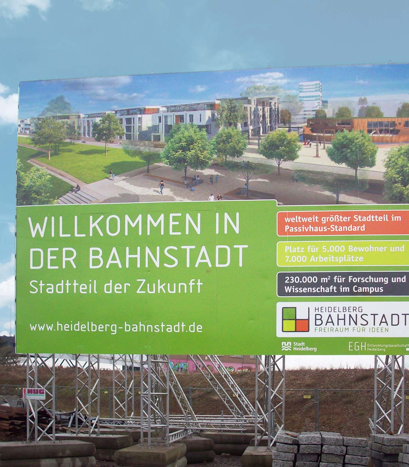 grünes Bauschild mit Rendering eines neuen Stadtteils